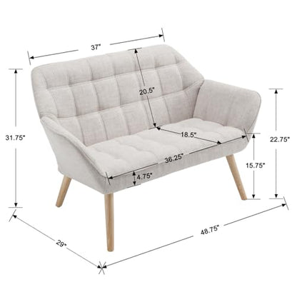 48”Small Loveseat Sofa, Modern Linen Upholstered Mini Couch 2-Seater Fluffy Love Seat with Quilting Backs and Wood Legs for Small Space Living Room, Bedroom, Beige - color: Oatmeal, size: Loveseat