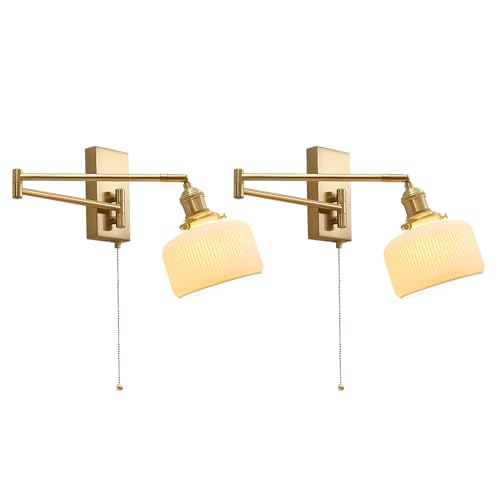 Swing Arm Wall Sconce 2-Pack, Brass Milk Glass Shade, 17.7" | Pull chain, E26 base, bedside vanity bathroom, mid century wall light - color: B-2Pack