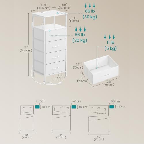 SONGMICS BELLAH Collection - Nightstand with Charging Station and App-Controlled Adjustable LED Lights, Bed Side Table, 4 Drawers and 1 Open Shelf, Modern, Cloud White and Snow White ULGS304WH01S - color: Cloud White + Snow White, size: 4 Drawers
