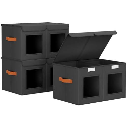 Large Closet Storage Bins - Collapsible Divided Clothes Organizer with Lids & Dual Window, Fabric Organizing Bins for Clothes, Sweater, Bedroom, Office (Black, 3 Pack) - color: Black, size: L(3-Pack)