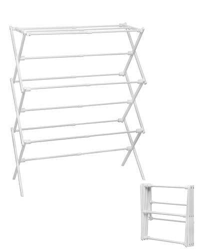 3-Tier Metal Folding Clothes Drying Rack, Laundry Drying Rack Clothing | Collapsible Dryer Racks for Laundry | Indoor & Outdoor, White - color: White