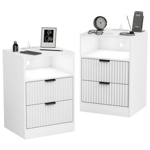 Fluted Nightstand Set of 2, LED Nightstand with Charging Station, Wood Nightstands with 2 Drawers & Metal Handles, Modern Bedside Table & End Tables, Farmhouse Night Stands for Bedroom, White - color: White, style: LED 2 Drawers-2 PCS