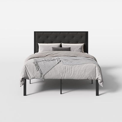 SHA CERLIN Queen Size Metal Bed Frame and Linen Tufted Headboard, Dark Gray | Modern Design Heavy-Duty Platform Bed, No Box Spring Need, Linen Fabric Upholstery, Noise Free, Easy Assembly - color: Dark Grey, size: Queen
