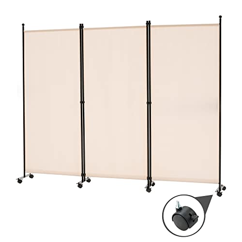 Spurgehom 3 Panel Rolling Room Divider, Folding Partition Privacy Screens | Freestanding Fabric Room Panel, Portable Folding Wall Divider for Office, Room, Restaurant, Hospital (Beige) - color: Beige, size: 3 Panel With Wheels