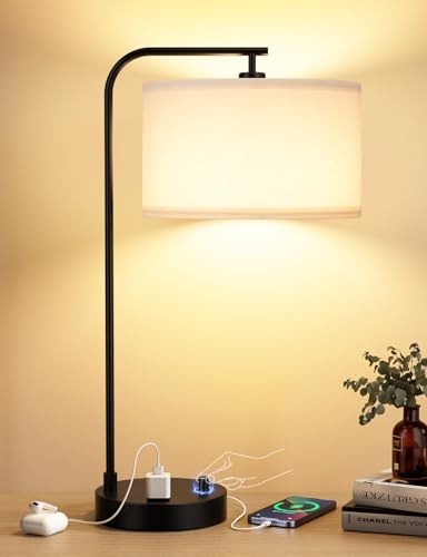 Innqoo White Side Table Lamp with USB Port and Outlet, Dimmable Nightstand Bedside Lamps with Linen Lampshade, Desk Lamp for Bedroom, Living Room, Guest Room, Home Office, LED Bulb Included - color: B-White Shade & Black Base