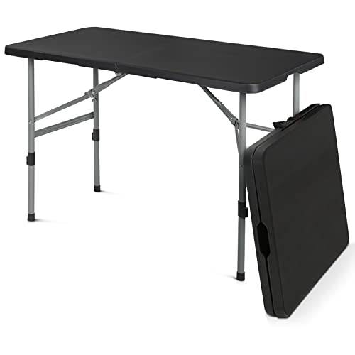 4Ft Folding Card Table, Picnic Cookout Table with Handle, Black | Outdoor, Foldable, Small Portable Plastic, Dining Picnic Cookout, w/Handle