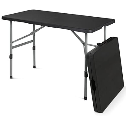 4Ft Folding Card Table, Picnic Cookout Table with Handle, Black | Outdoor, Foldable, Small Portable Plastic, Dining Picnic Cookout, w/Handle