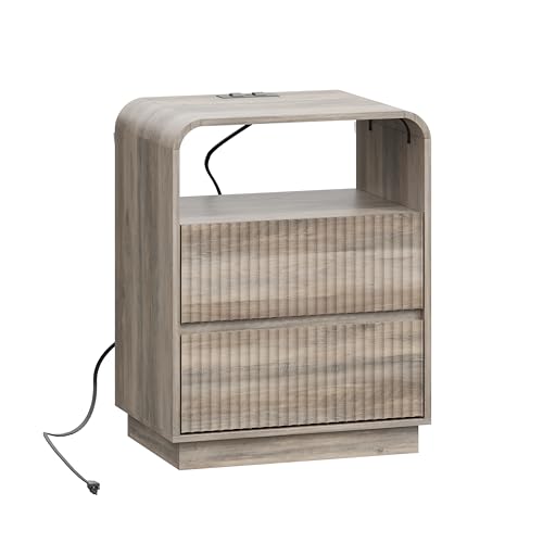 Grey Nightstand with Charging Station, Mid Century Modern Bedside Table & End Table, Fluted Wood Small Night Stand with 2 Hidden Drawers and Storage Shelf for Bedroom, Gray - color: Grey, style: 2 Drawers