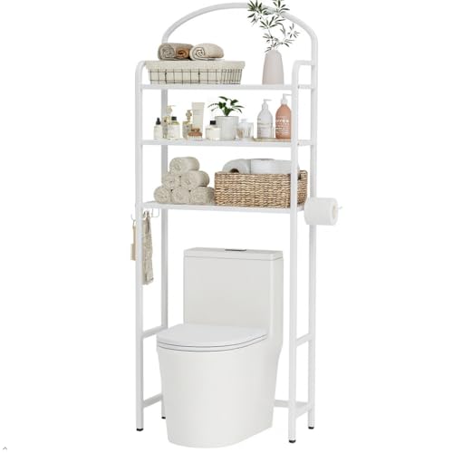 3 Tier Over The Toilet Storage Rack, Bathroom Organizer | Toilet Storage with 4 Hooks & Paper Holder, Space-Saving, Freestanding Bathroom Shelf, Metal, White - color: White, size: 3-tier