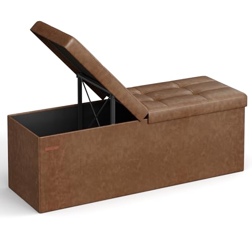 SONGMICS MAZIE Collection - 43 Inches Storage Ottoman Bench with Flipping Lid, Storage Chest with Iron Frame Support, Load 660 lb, for Living Room, Bedroom, Synthetic Leather, Coffee Brown ULSF075K01 - color: Coffee Brown, size: 15"D x 43"W x 15"H, style: