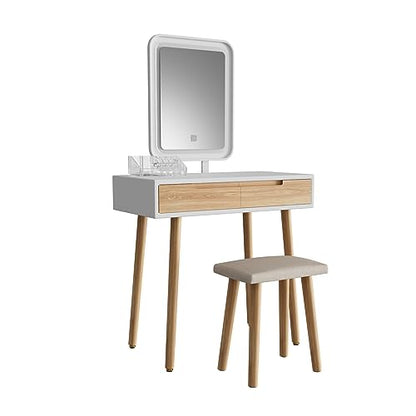 YOURLITE Makeup Vanity Desk with Lighted Mirror & Stool | 31.5" Makeup Table, 3 Lighting Modes, Adjustable Brightness, 2 Drawers, Cushioned Stool, Square Mirror - size: 31.5", style: Square Mirror Wooden