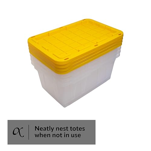 CX 27-Gallon Heavy Duty Clear Stackable Storage Bins with Lids, 4 Pack | Clear plastic totes for garage organization, Stackable, weather-resistant, snap lids, 14.3H x 20.6W x 30.6D, Clear/Yellow - size: 4 Pack, style: Clear & Yellow