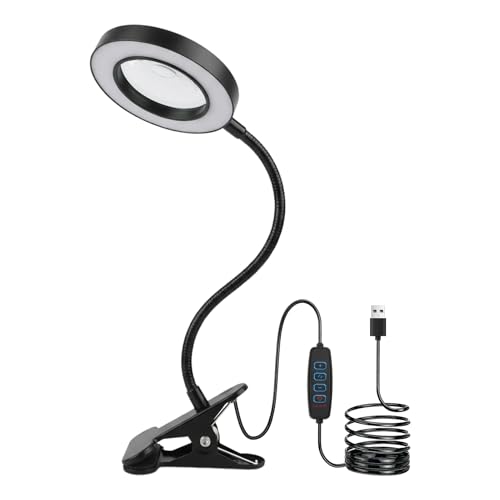 10X Magnifying Glass with Light, 2 in 1 Magnifying Desk Lamp Clip on Mganifier, 3 Color Modes & 10 Brightness Levels, USB Powered Magnifier Light for Bed Crafts DIY Repair(Size:120mm) - size: 120mm
