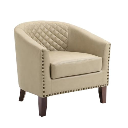 Faux Leather Accent Chair, Modern Barrel Club Chair, Beige | Comfy Upholstered Armchair for Living Room, Round Club Chair Single Sofa Bedroom Reading Seat | 26"D*29"W*29"H - color: Beige