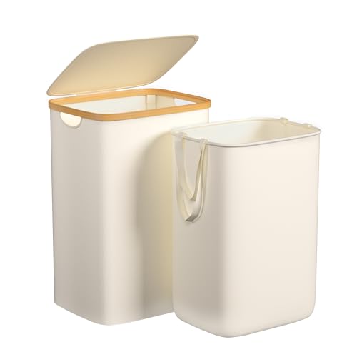 Foluck Large Laundry Hamper, 75L Waterproof Laundry Basket with Lid and Removable Bag, Collapsible Tall Clothes Hamper with Bamboo Handles for Clothes Toys in Dorm Bedroom Bathroom, Beige, ZYL201-W - color: Beige, size: 75L