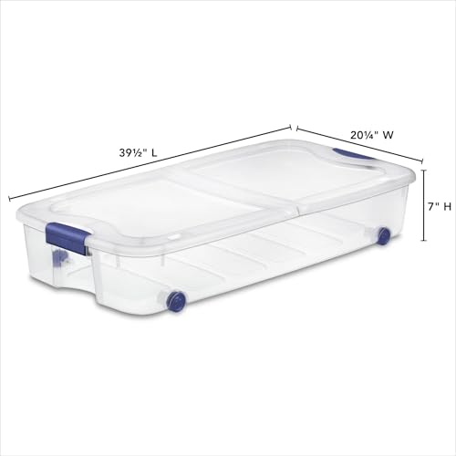 Clear Underbed Storage Bin with Lid, Wheels, and Security Lock, 66 Quart, Blue, 39.5x20.25x7 Inch