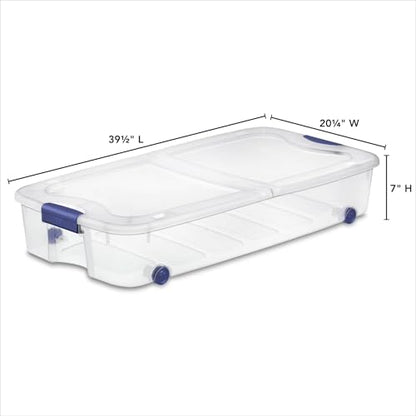 Clear Underbed Storage Bin with Lid, Wheels, and Security Lock, 66 Quart, Blue, 39.5x20.25x7 Inch