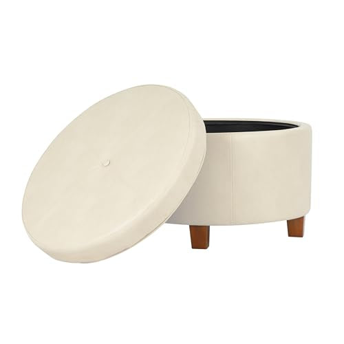 HomePop Round Leatherette Storage Ottoman with Lid, Ivory Large - color: Cream Faux Leather