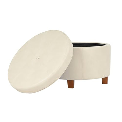 HomePop Round Leatherette Storage Ottoman with Lid, Ivory Large - color: Cream Faux Leather