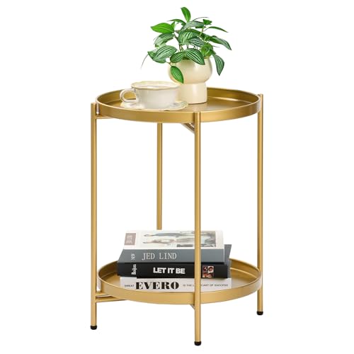 2-Tier Round End Side Table, Small Metal Side Table with Removable Tray, Folding Accent Tables for Living Room, Balcony, Nightstand for Bedroom, Outdoor Tables for Patio, Gold - color: Gold