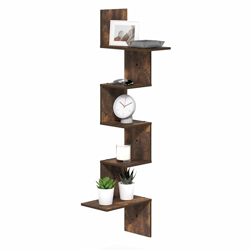 Furinno Rossi Corner Floating Shelves for Wall, 5-Tier Corner Rectangular Wall Shelf, S-Shape Radial Floating Book Shelf, Easy Assembly, for Bathroom, Bedroom, Living Room, Amber Pine - color: Amber Pine, size: 5-Tier Rectangle