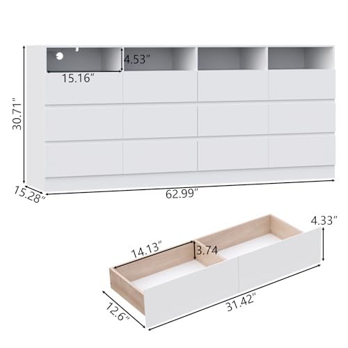 Gyfimoie 12-Compartment Divided Drawer Dresser w/Power Outlet, LED Light | Modern Dresser with 4 Open Cubbies, Spacious Chest of Drawers, and TV Stand Function for Living Room - color: White, size: 15.8"D x 63"W x 31.5"H (12 Drawers)