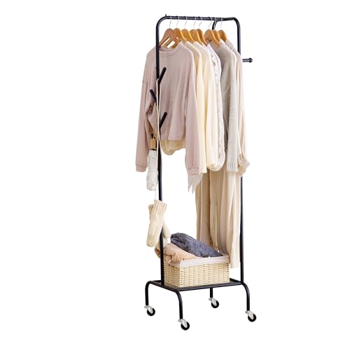 Heavy Duty Clothing Rack with Wheels, Garment Rack, Freestanding Coat Rack with 6 Hooks for Entryway, Bedroom Metal Clothes Hanger Stand for Hats, Jackets, Bags,Shoes (Black, Single-layer) - color: Black, size: Single-layer