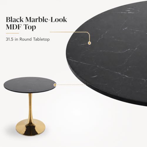 31.5" Small Round Dining Table, Black Marble-Look Top, Gold Tulip Base | 31.5-inch MDF table for 2-4 compact chairs, suited to kitchens, apartments, breakfast nooks, and small dining rooms - color: Black and Golden