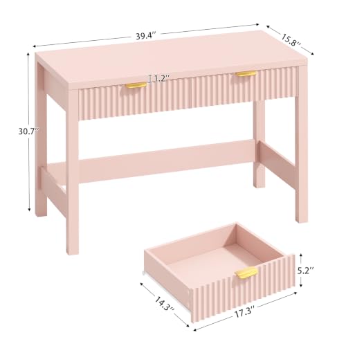 39 Inch Small Fluted Computer Desk with 2 Drawers for Bedroom, Home Office | Small Computer Desk with Storage, Compact Writing Study Desk for Small Spaces, Blue - color: Pink, size: 39-Inch Desk