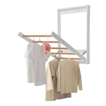 Wall Mounted Clothes Drying Rack Wood Laundry Rack Space-Saving, Folding Clothes Drying Rack for Laundry Room, Bathroom, Apartments White 23.6×2.4×31.5in