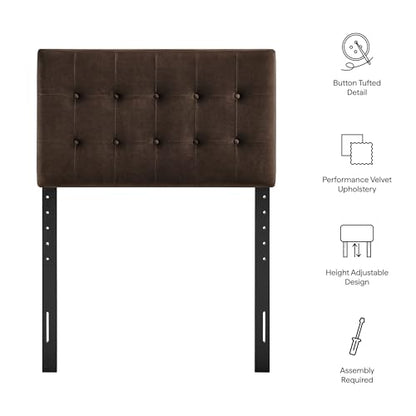 Modway Emily Twin Size Performance Velvet Headboard in Chocolate Brown - Stain-Resistant Velvet Upholstery with Button Tufting and 7 Adjustable Height Positions - color: Chocolate Brown, size: Twin