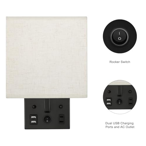 YBING Bedside Wall Lamp Set of 2, Modern Wall Sconces with Plug in Cord Nightstand Wall Lamps with Dual USB and AC Outlet Black Wall Lamps for Bedroom Living Room (2 Bulbs Included)