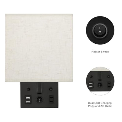 YBING Bedside Wall Lamp Set of 2, Modern Wall Sconces with Plug in Cord Nightstand Wall Lamps with Dual USB and AC Outlet Black Wall Lamps for Bedroom Living Room (2 Bulbs Included)