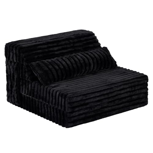 Folding Sofa Bed Twin Size, Convertible Sleeper Chair Mattress with Pillow, Thick Corduroy Floor Mattress Couch Bed with Side Pocket, Guest Room, Dorm, Apartment, Balck - color: Corduroy Black, size: Twin Size