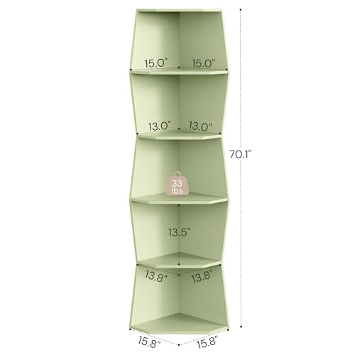 6-Tier Wavy Corner Shelf, Wooden Tall Corner Bookshelf, Green | 70'' Narrow Corner Shelves, Modern Irregular Corner Bookcase for Living Room, Bedroom, Anti-tip Kit, 33lbs/Shelf - color: Pearl Green