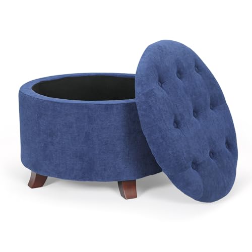 Athena Collection 24.5 Inch Small Ottoman with Storage, Round Linen Fabric Storage Ottoman Foot Rest with Removable Lid, Multipurpose Footstool Footrest for Livingroom, Bedroom, Dorm, Blue - color: Blue, size: 24.5"D x 24.5"W x 17"H