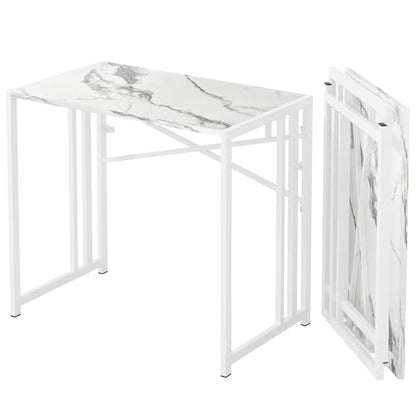 Lutown-Teen 35 inch Folding Small Desk, White Marble | Writing Gaming Computer Camping Desk for Small Spaces, No Assembly Required Home Office Table - color: White Marble, size: 35 Inch