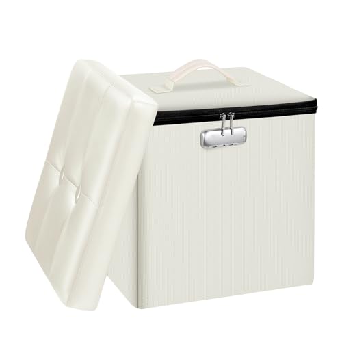 Tamfile Small Ottoman with Storage, 13 x 13 x 13 inch Fireproof Safe Folding Ottoman with Lock for Important Documents, Waterproof Foot Rest Stool with Storage, Ottoman Foot Rest with Handle, Beige