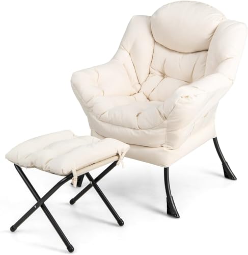 DORTALA Modern Lazy Chair with Ottoman, Single Sofa Chair w/Side Pocket and Armrests, Soft Upholstered Modern Leisure Chairs Set, Suitable for Living Room, Bedroom, Beige - color: Beige, style: Lazy Chair with Ottoman