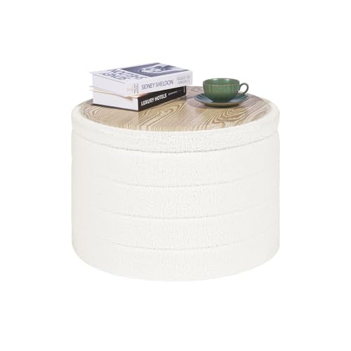 PINPLUS Round Ottoman with Stroage, Boucle Storage, Foot Stool Foldable Coffee Table Ottoman for Living Room, Bedroom, Dorm (White) - color: White, size: 22"D x 22"W x 15.7"H