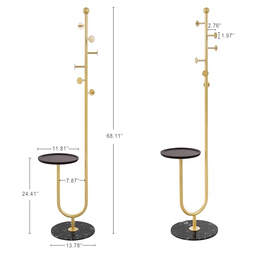 Coat Rack Freestanding with Table for Entryway (Gold) | Easy Assembly, Space Saver, Metal Pole, Marble Base, Bamboo Tray, 6 Hooks, Bedroom, Living Room, Office, Entryway Corner - color: Gold