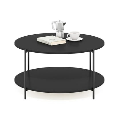 Furinno BESI 2-Tier Round Modern Coffee Table with Metal Legs, Side Table with Open Shelf, for Living Room, Bedroom, Home Office, Americano - color: Americano/Black, size: Metal Frame Coffee Table