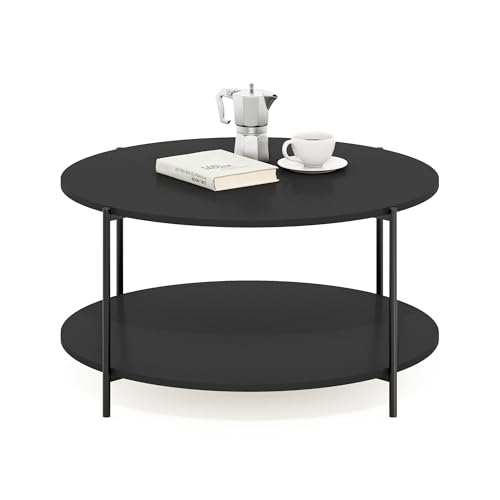 Furinno BESI 2-Tier Round Modern Coffee Table with Metal Legs, Side Table with Open Shelf, for Living Room, Bedroom, Home Office, Americano - color: Americano/Black, size: Metal Frame Coffee Table