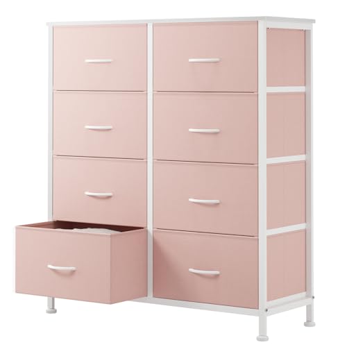 Sweetcrispy 8 Drawer Fabric Dresser for Bedroom, Tall Dresser, Pink | Sturdy Chest of Drawers, Steel Frame and Wooden Top, Closet Living Room Storage Organizer with Easy Pull Handles - color: Pink, size: 11.8"D x 30.9"W x 36.4"H (8 Drawers)