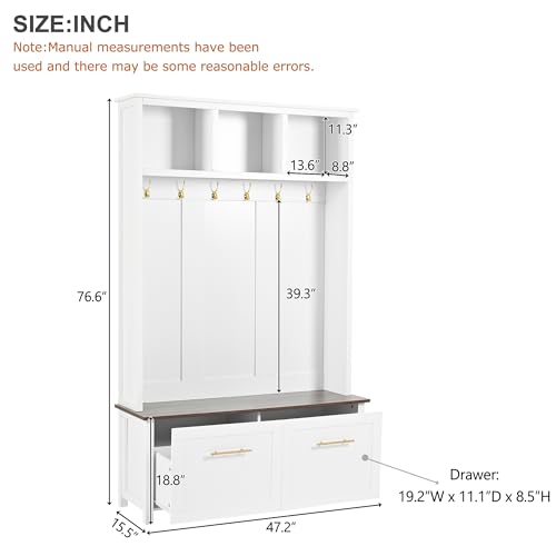 JIVOIT 4-in-1 Entryway Hall Tree with Brown Wood Grain Storage Bench, Wood Entryway Coat Hanger Hall Tree with 6 Golden Hooks, 2 Drawers, Coat Rack for Living Room, Hallway (White/31) - color: White/31