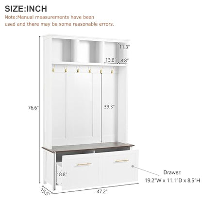 JIVOIT 4-in-1 Entryway Hall Tree with Brown Wood Grain Storage Bench, Wood Entryway Coat Hanger Hall Tree with 6 Golden Hooks, 2 Drawers, Coat Rack for Living Room, Hallway (White/31) - color: White/31