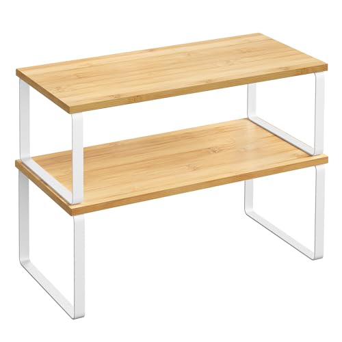 SONGMICS Cabinet Organizer Shelf, Set of 2 Spice Rack, Kitchen Storage | Kitchen Counter Storage Spice Rack, Steel, Bamboo, Light Bamboo and Matte White, BYSTRO Collection UKCS200W01 - color: Cloud White + Natural Beige, size: 15.6"w