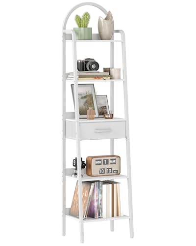 5 Tier Ladder Shelf with Drawer, Tall Ladder Bookshelf, Standing Bookcase with Metal Frame for Living Room, Bathroom, Home Office, Study, Balcony, White TCJ07WB - color: White