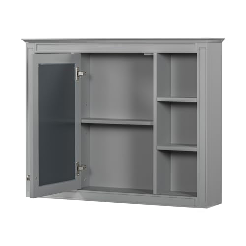 Wall Mounted Medicine Cabinet, Bathroom Storage Cabinet with Mirror Door and 6 Adjustable Open Shelf (7.3" D x 35" W x 27.5" H) (Grey) - color: Grey