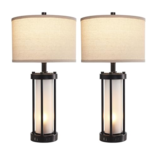 RORIA Set of 2 Modern Table Lamps for Living Room with 2 USB Ports, White Frosted Glass Nightlight for Bedroom, Contemporary Desk Lamps for Nightstand End Table Entryway, 4 Bulbs Included (Black) | 2 USB Ports White Frosted Glass Nightlight for Bedroom, D